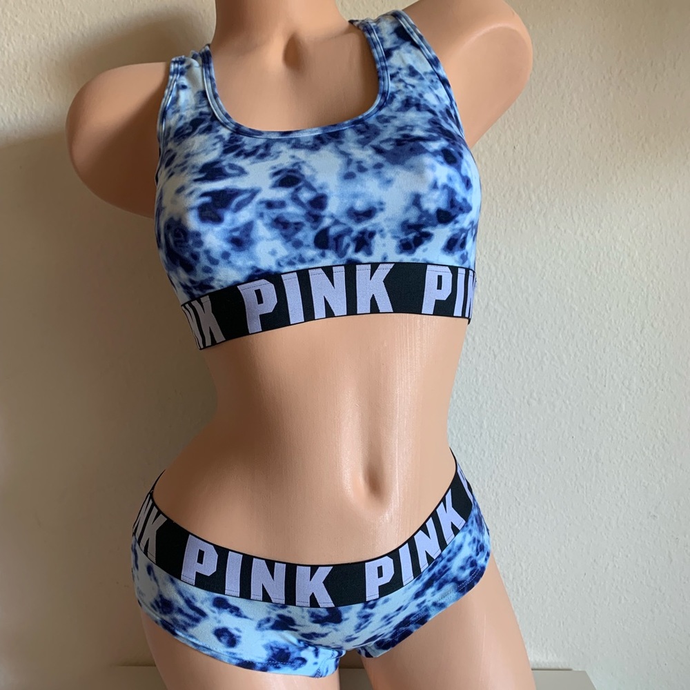 Victoria’s Secret VS PINK Blue Tie Dye Bralette Bra Top + Panty Matching Set M